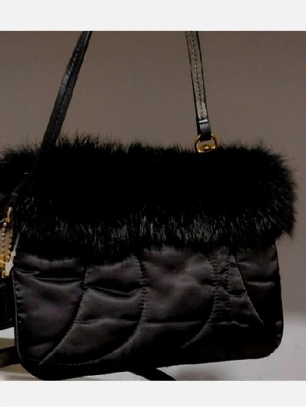 2 Pc. Coach Rabbit Furry Trim Black Quilted Shoulder Bag & Soho Ski Wristlet Set